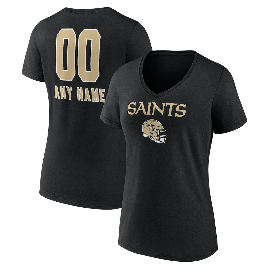 New Orleans Saints Women's Personalized Name & Number Team Wordmark V-Neck T-Shirt - Black T-shirts