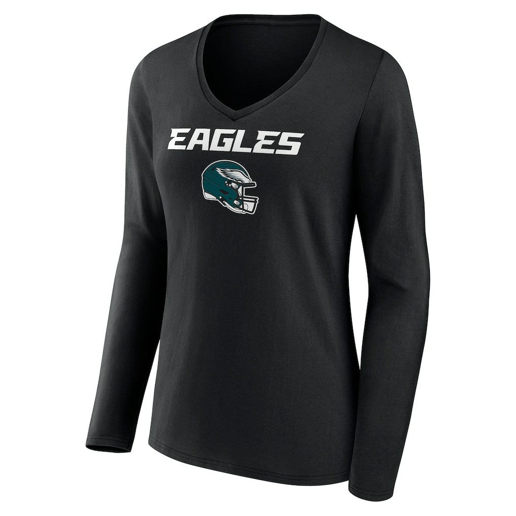 Philadelphia Eagles Women's Personalized Name & Number Team Wordmark Long Sleeve V-Neck T-Shirt - Black T-shirts