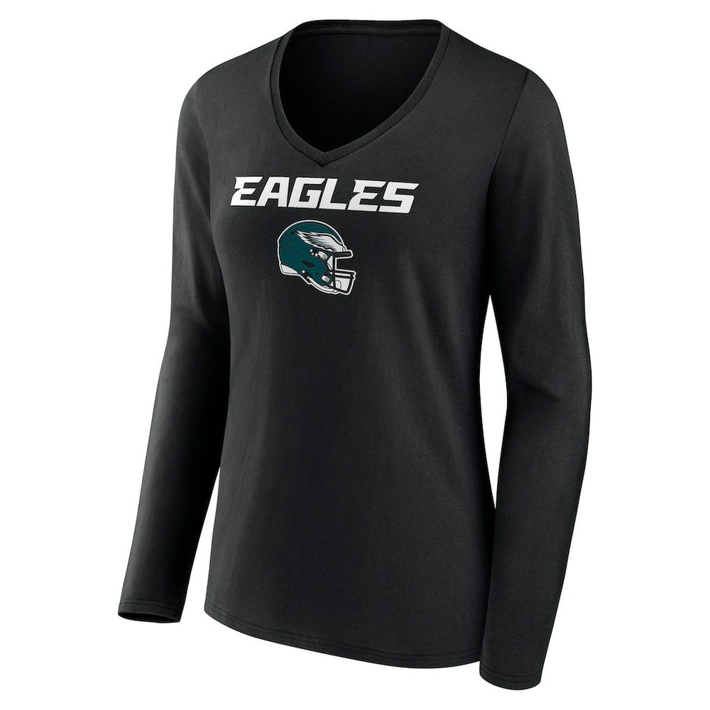 Philadelphia Eagles Women's Personalized Name & Number Team Wordmark Long Sleeve V-Neck T-Shirt - Black T-shirts