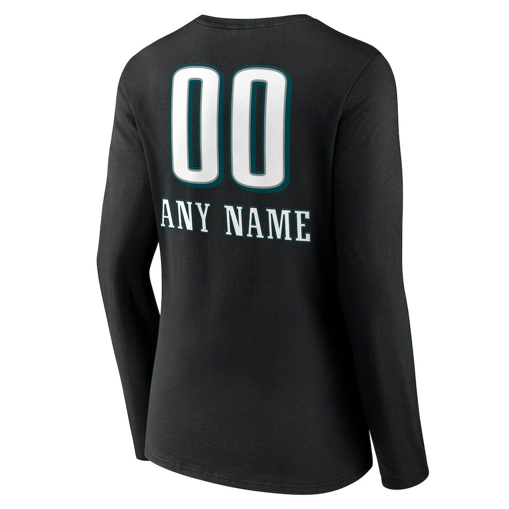 Philadelphia Eagles Women's Personalized Name & Number Team Wordmark Long Sleeve V-Neck T-Shirt - Black T-shirts