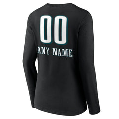 Philadelphia Eagles Women's Personalized Name & Number Team Wordmark Long Sleeve V-Neck T-Shirt - Black T-shirts