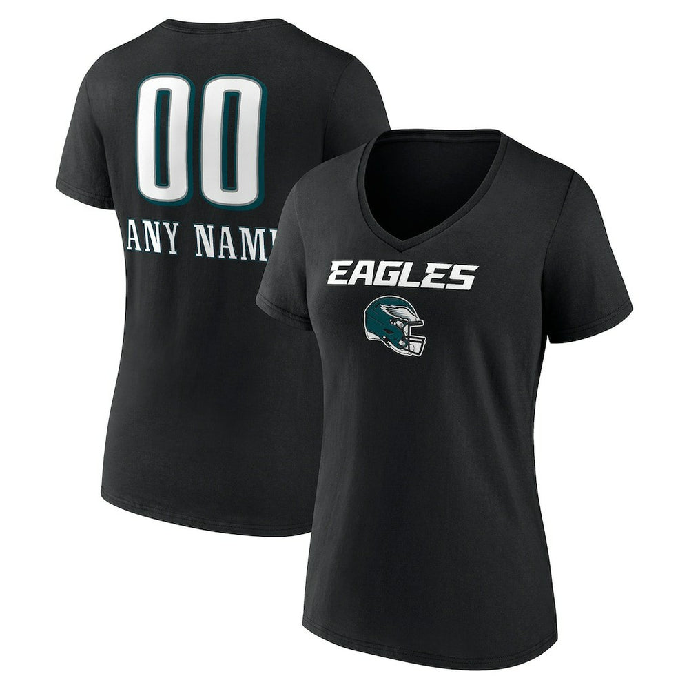 Philadelphia Eagles Women's Personalized Name & Number Team Wordmark V-Neck T-Shirt - Black T-shirts