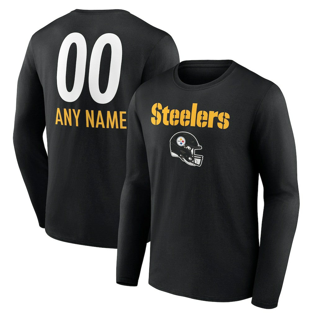 Pittsburgh Steelers Personalized Name & Number Team Wordmark Long Sleeve T-Shirt - Black T-shirts