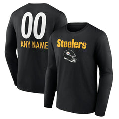 Pittsburgh Steelers Personalized Name & Number Team Wordmark Long Sleeve T-Shirt - Black T-shirts