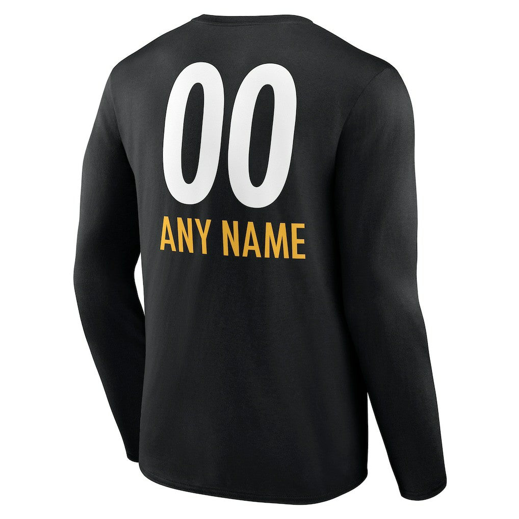 Pittsburgh Steelers Personalized Name & Number Team Wordmark Long Sleeve T-Shirt - Black T-shirts
