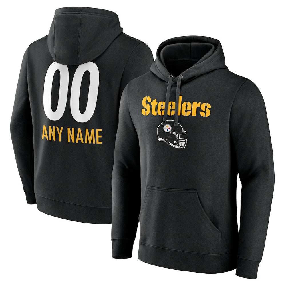 Pittsburgh Steelers Personalized Name & Number Team Wordmark Pullover Hoodie - Black Hoodies