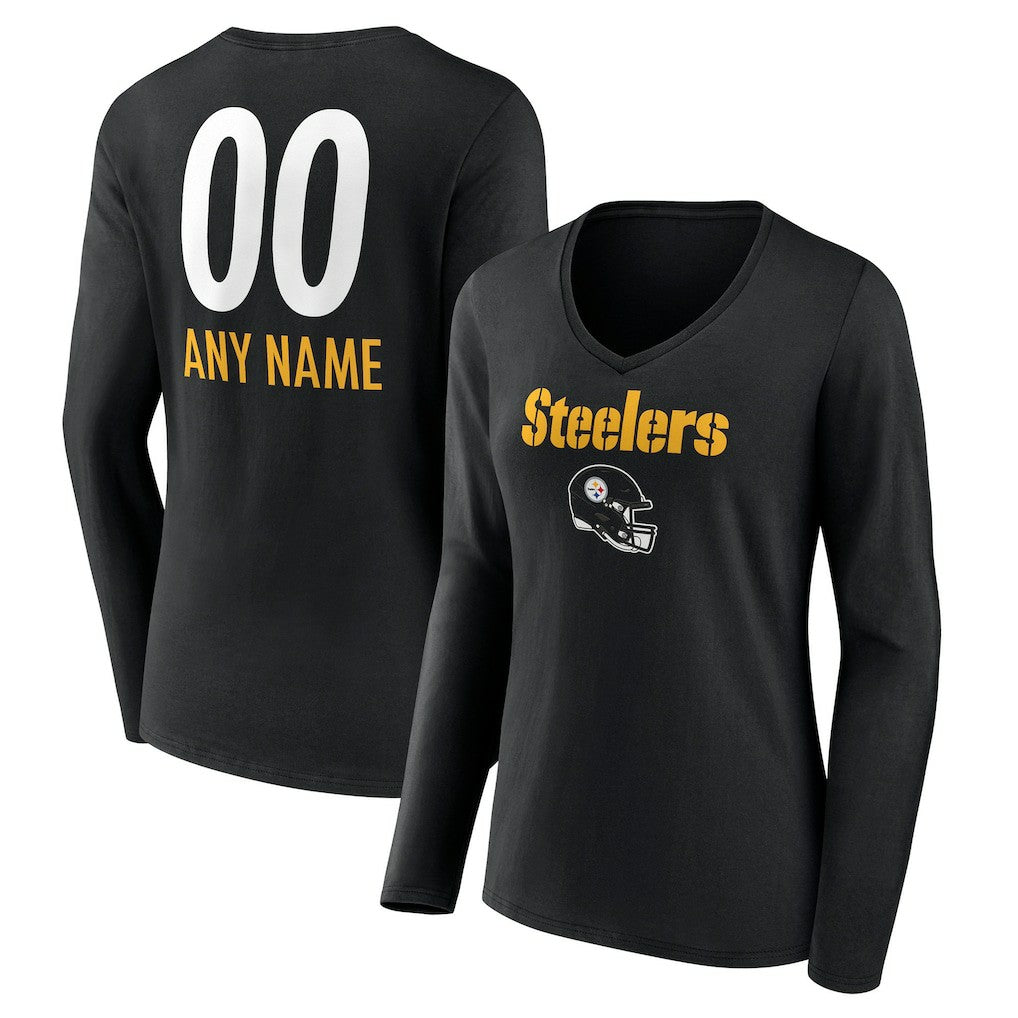 Pittsburgh Steelers Women's Personalized Name & Number Team Wordmark Long Sleeve V-Neck T-Shirt - Black T-shirts
