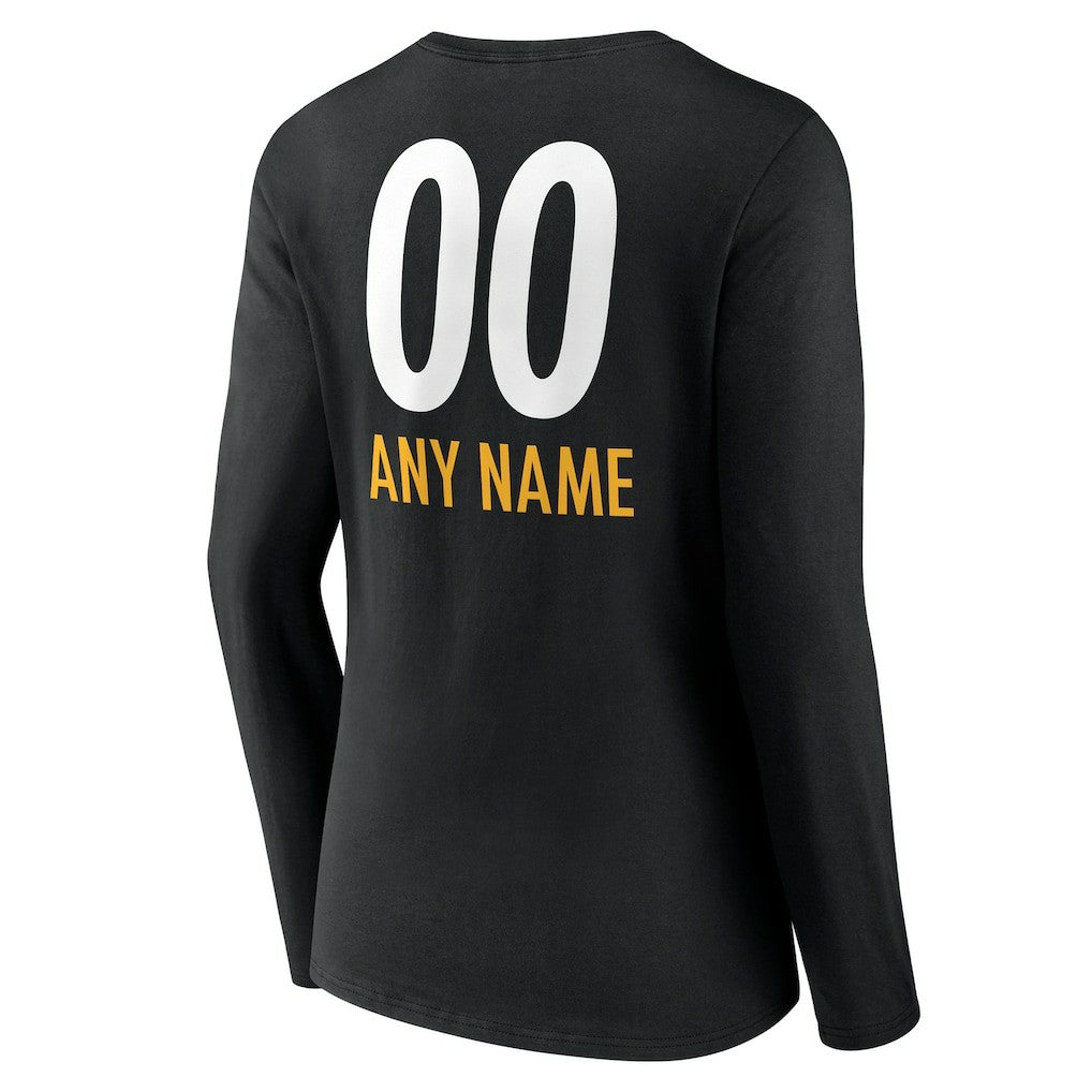 Pittsburgh Steelers Women's Personalized Name & Number Team Wordmark Long Sleeve V-Neck T-Shirt - Black T-shirts