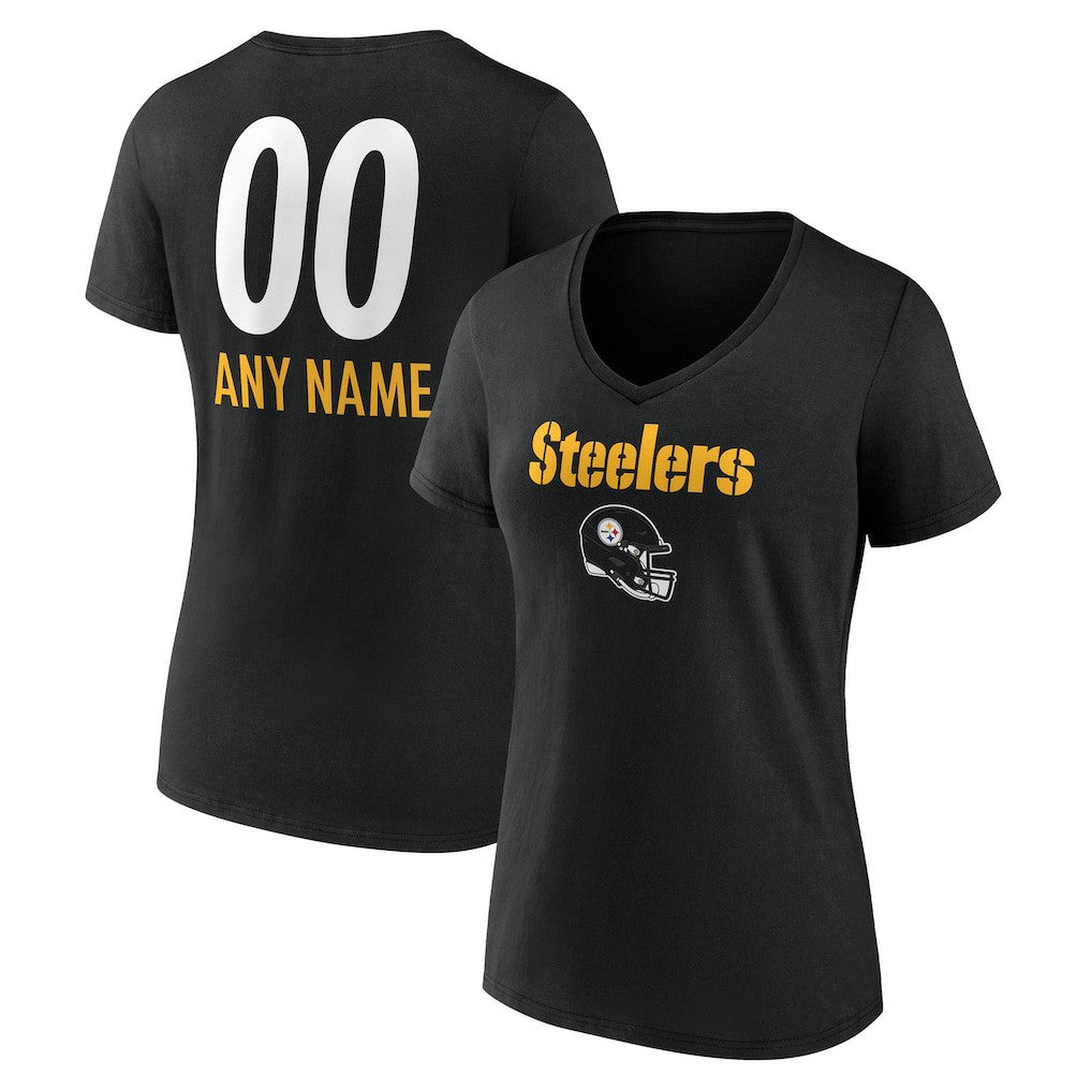 Pittsburgh Steelers Women's Personalized Name & Number Team Wordmark V-Neck T-Shirt - Black T-shirts