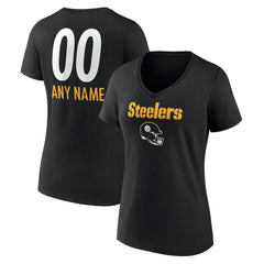 Pittsburgh Steelers Women's Personalized Name & Number Team Wordmark V-Neck T-Shirt - Black T-shirts
