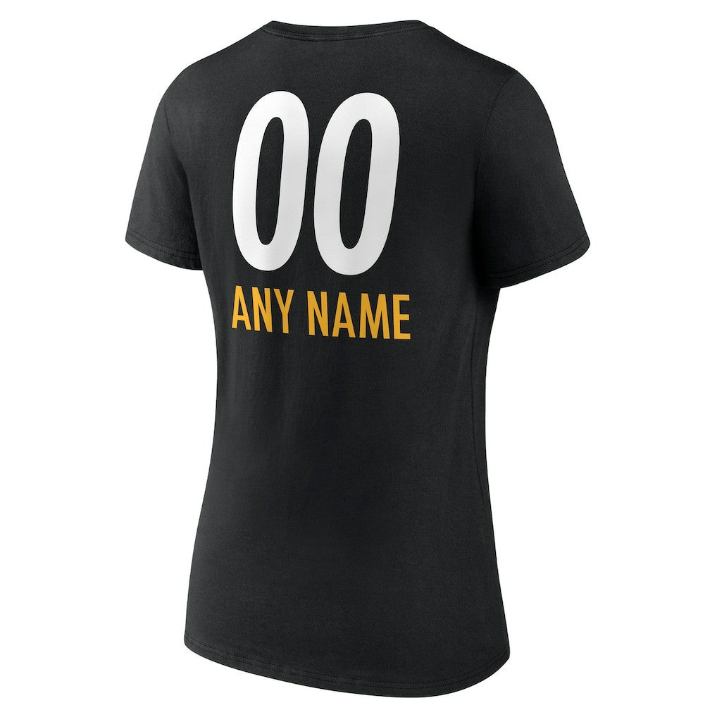 Pittsburgh Steelers Women's Personalized Name & Number Team Wordmark V-Neck T-Shirt - Black T-shirts