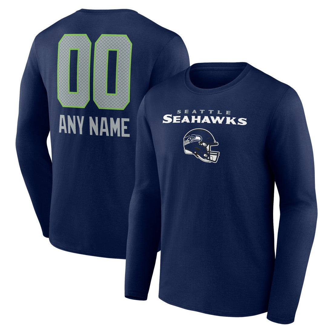 Seattle Seahawks Personalized Name & Number Team Wordmark Long Sleeve T-Shirt - College Navy T-shirts