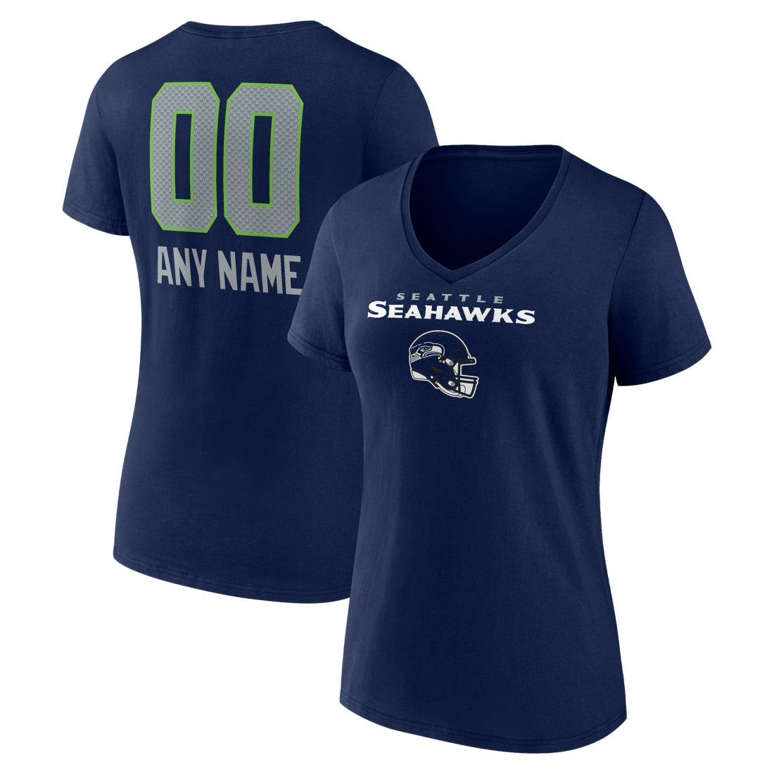 Seattle Seahawks Women's Personalized Name & Number Team Wordmark V-Neck T-Shirt - College Navy T-shirts
