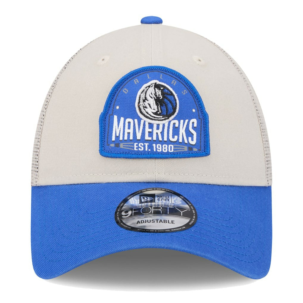Dallas Mavericks Throwback Patch Trucker 9FORTY Adjustable Hat Khaki/Blue - New Era