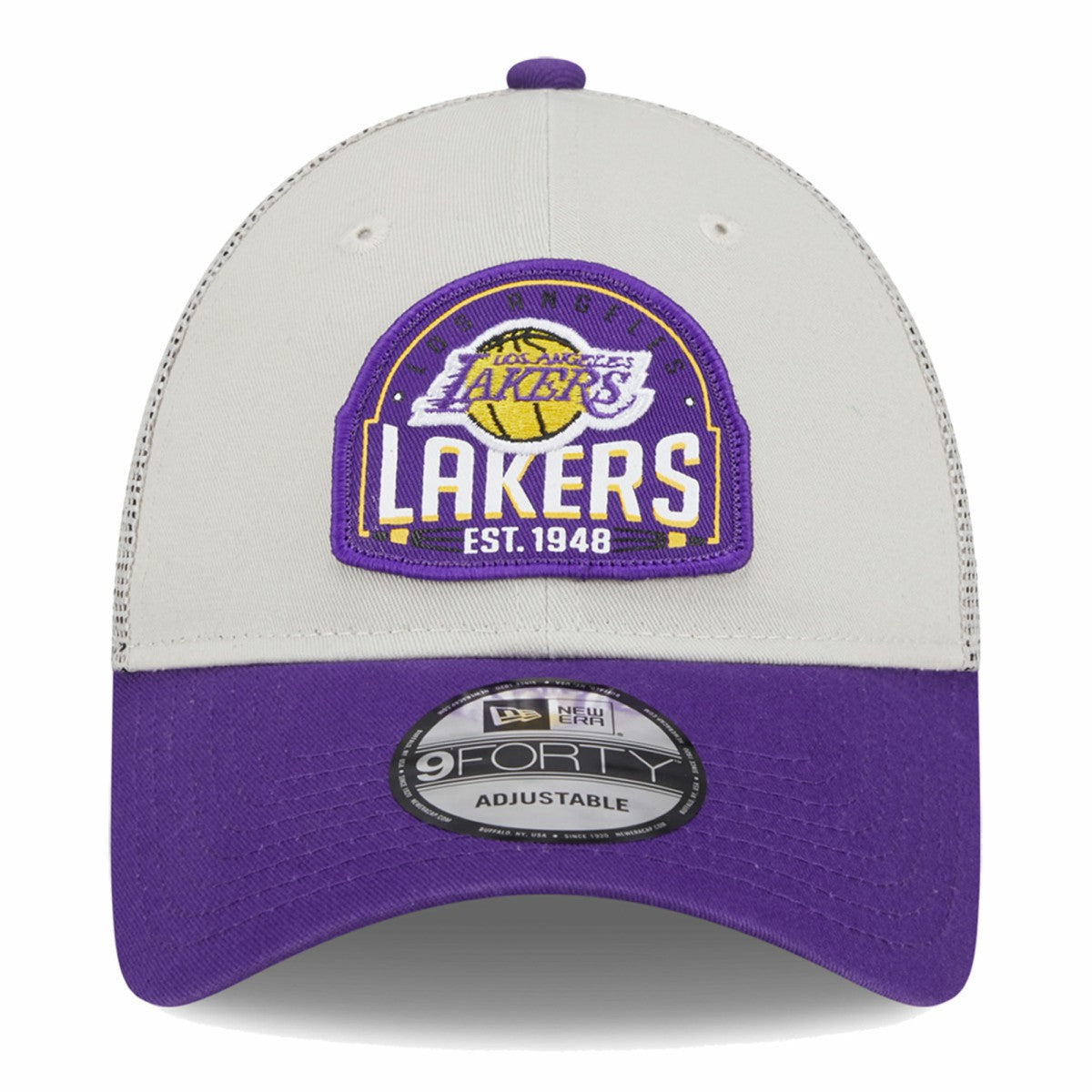 Los Angeles Lakers Throwback Patch Trucker 9FORTY Adjustable Hat Khaki/Purple - New Era