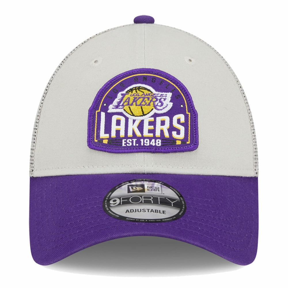 Los Angeles Lakers Throwback Patch Trucker 9FORTY Adjustable Hat Khaki/Purple - New Era