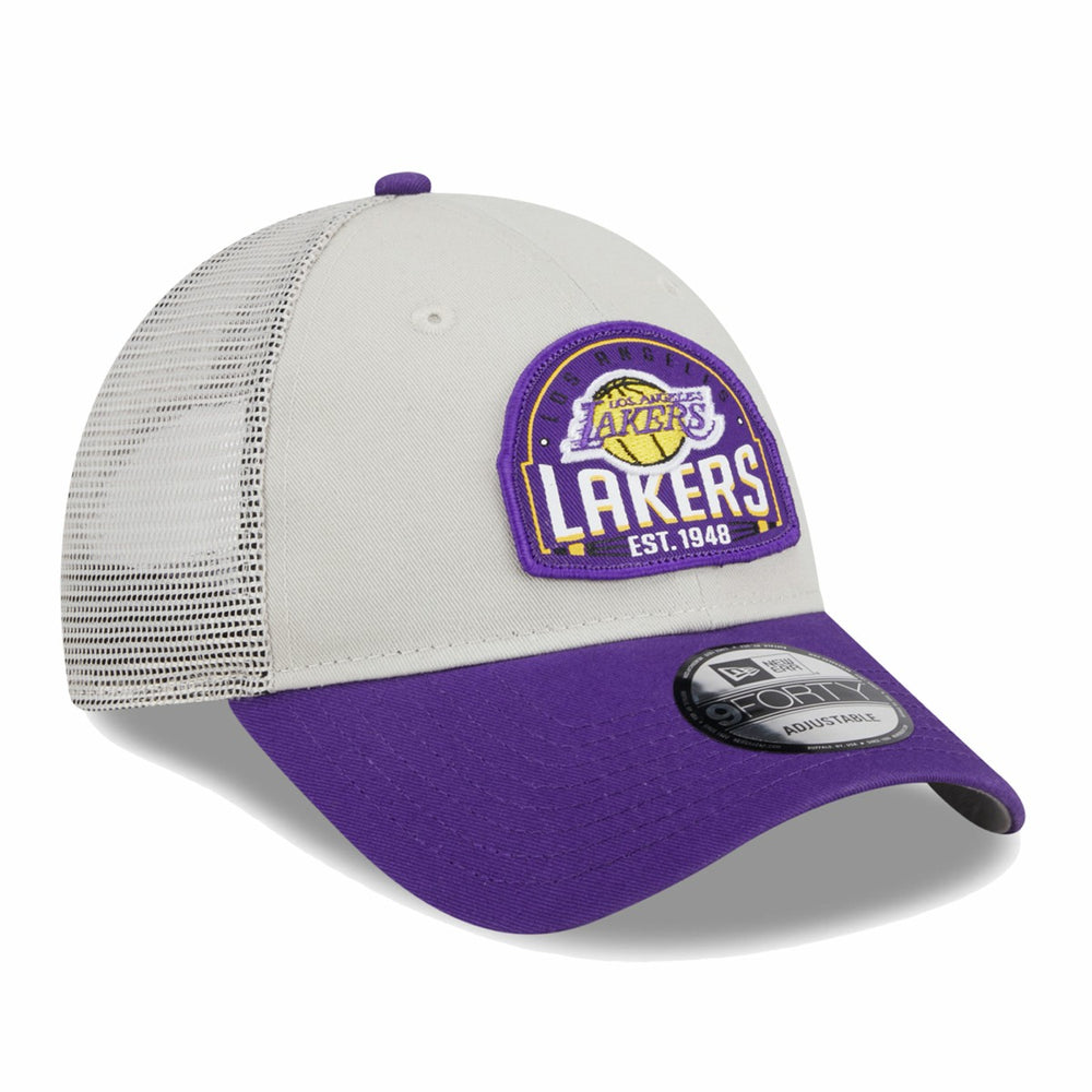 Los Angeles Lakers Throwback Patch Trucker 9FORTY Adjustable Hat Khaki/Purple - New Era