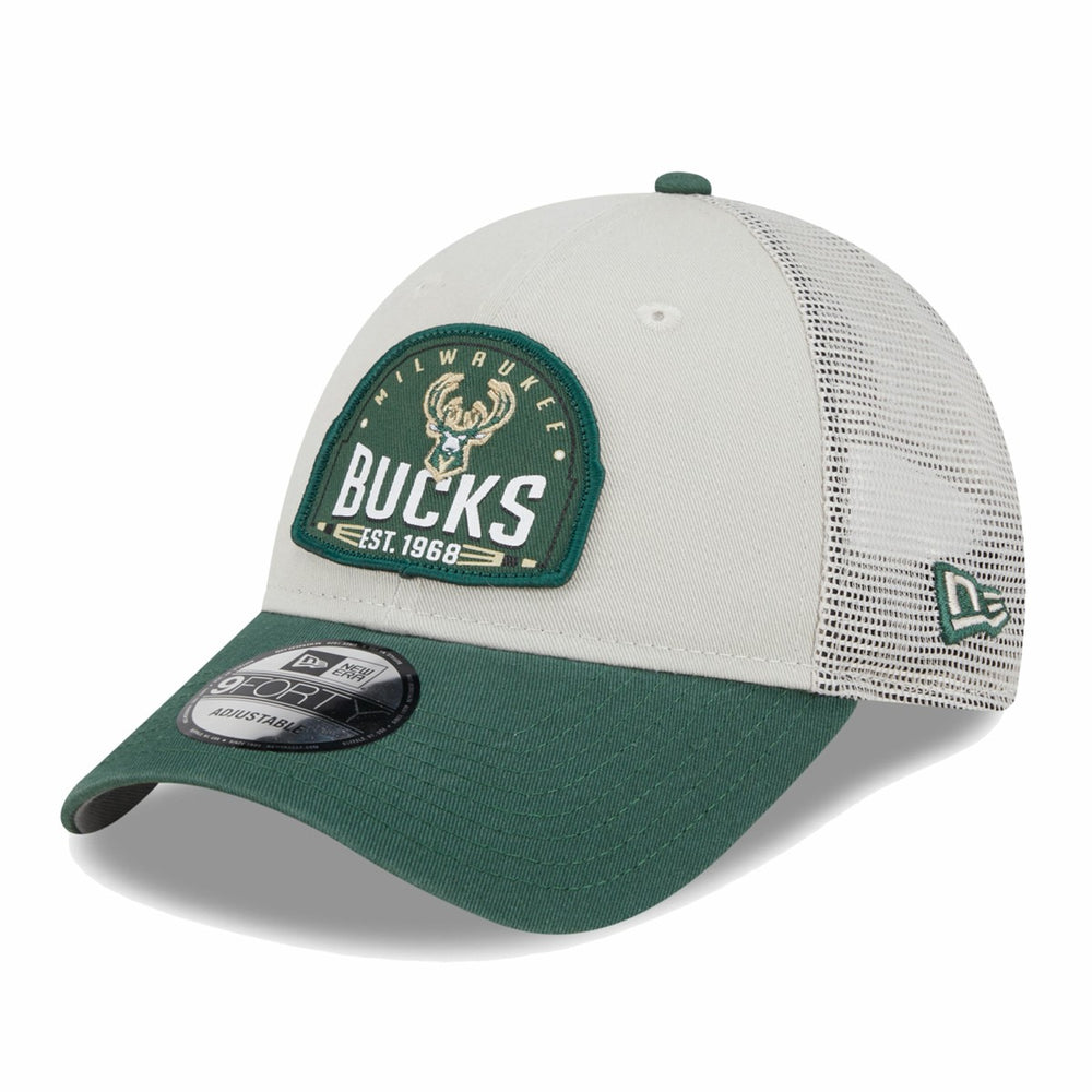 Milwaukee Bucks Throwback Patch Trucker 9FORTY Adjustable Hat Khaki/Hunter Green - New Era
