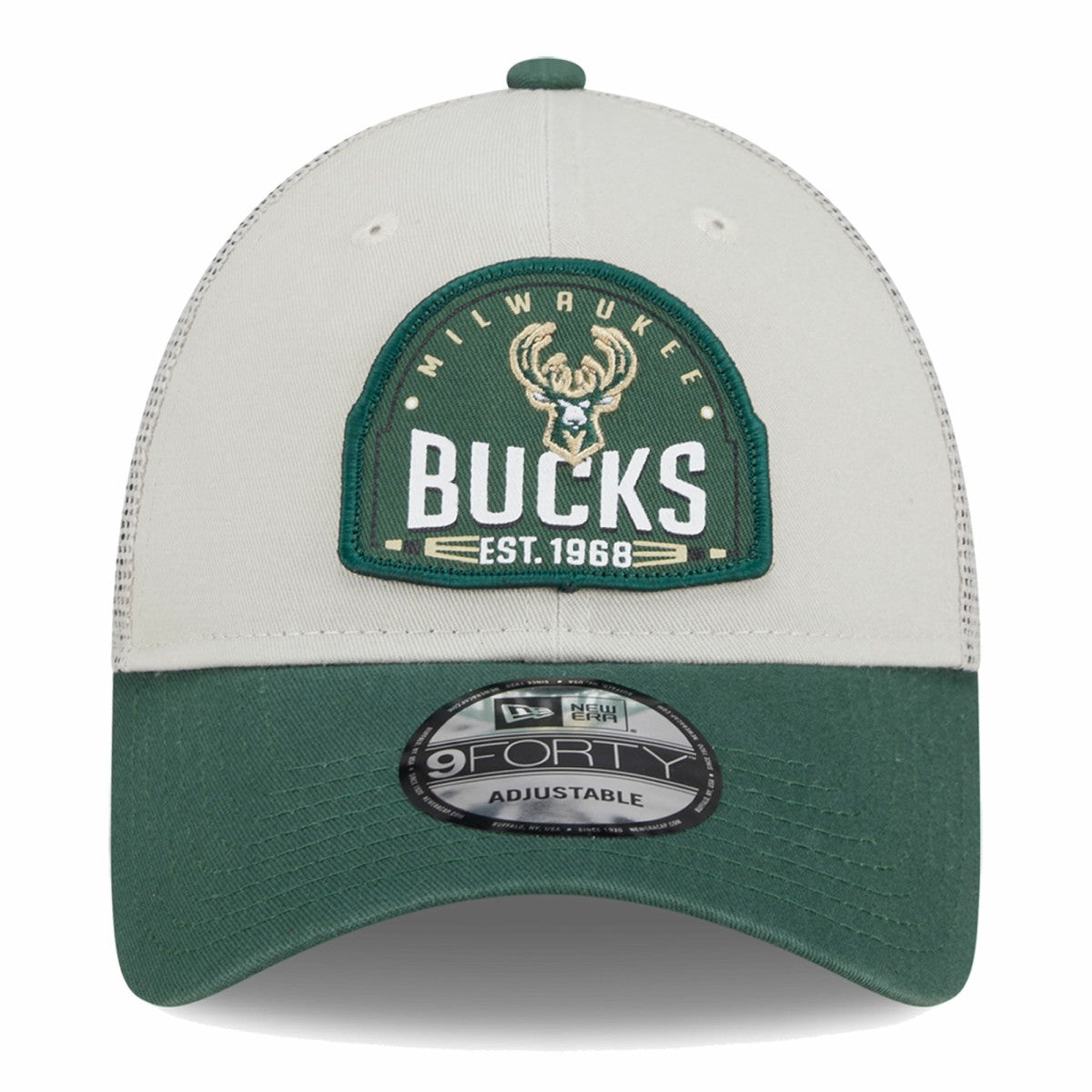Milwaukee Bucks Throwback Patch Trucker 9FORTY Adjustable Hat Khaki/Hunter Green - New Era