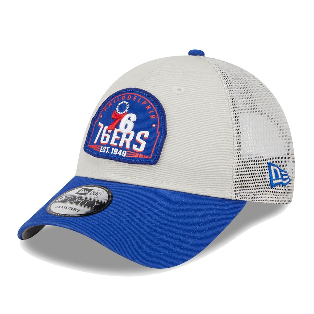 Philadelphia 76ers Throwback Patch Trucker 9FORTY Adjustable Hat Khaki/Royal - New Era
