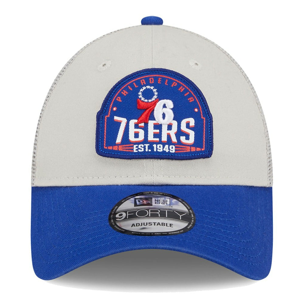Philadelphia 76ers Throwback Patch Trucker 9FORTY Adjustable Hat Khaki/Royal - New Era