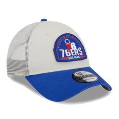 Philadelphia 76ers Throwback Patch Trucker 9FORTY Adjustable Hat Khaki/Royal - New Era