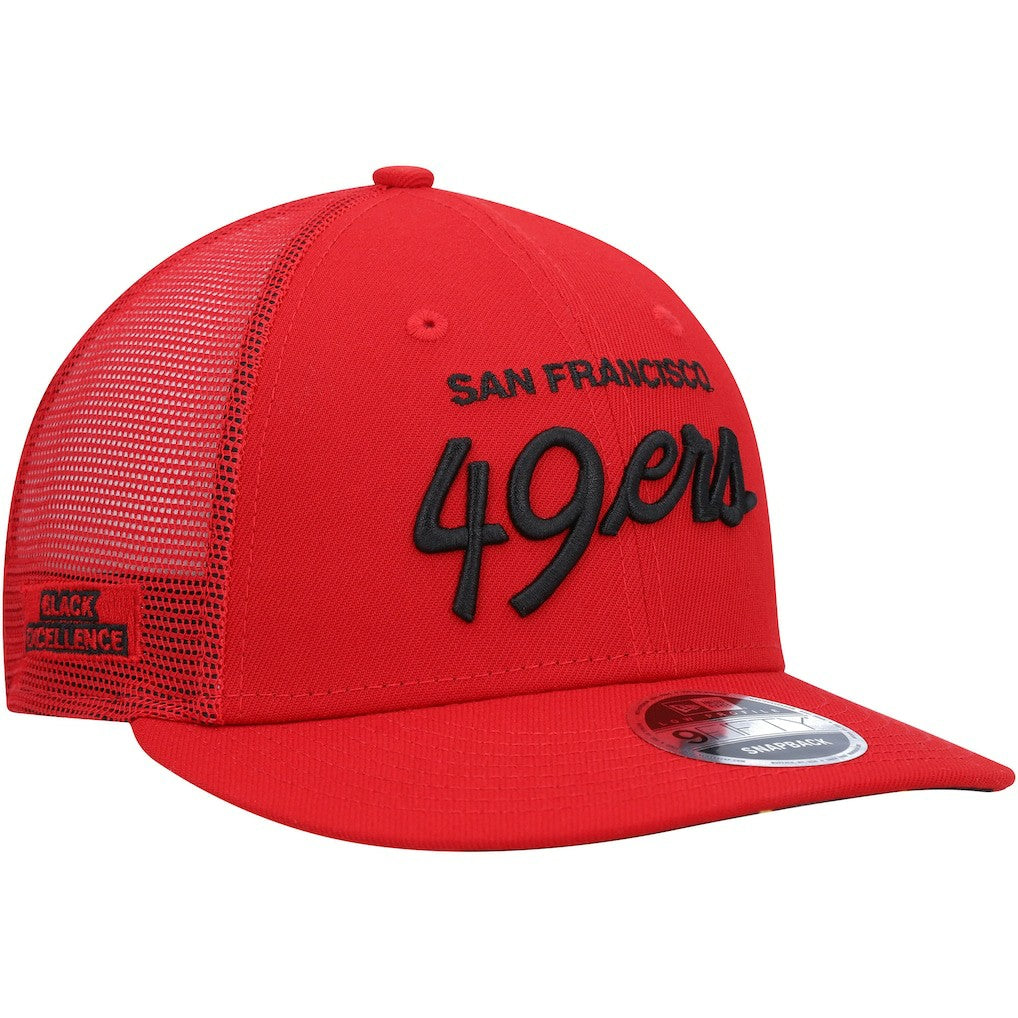 San Francisco 49ers New Era Black Excellence Collection Wordmark Trucker Low Profile 9FIFTY Snapback Hat - Scarlet Hats