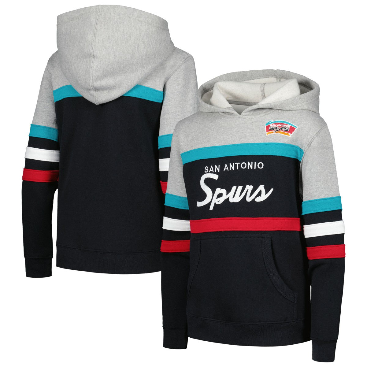 San Antonio Spurs Youth Hardwood Classics Head Coach Pullover Hoodie Black/Heather Gray - Mitchell & Ness
