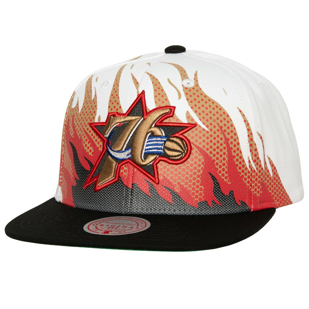 Philadelphia 76ers Hot Fire Snapback Hat White - Mitchell & Ness