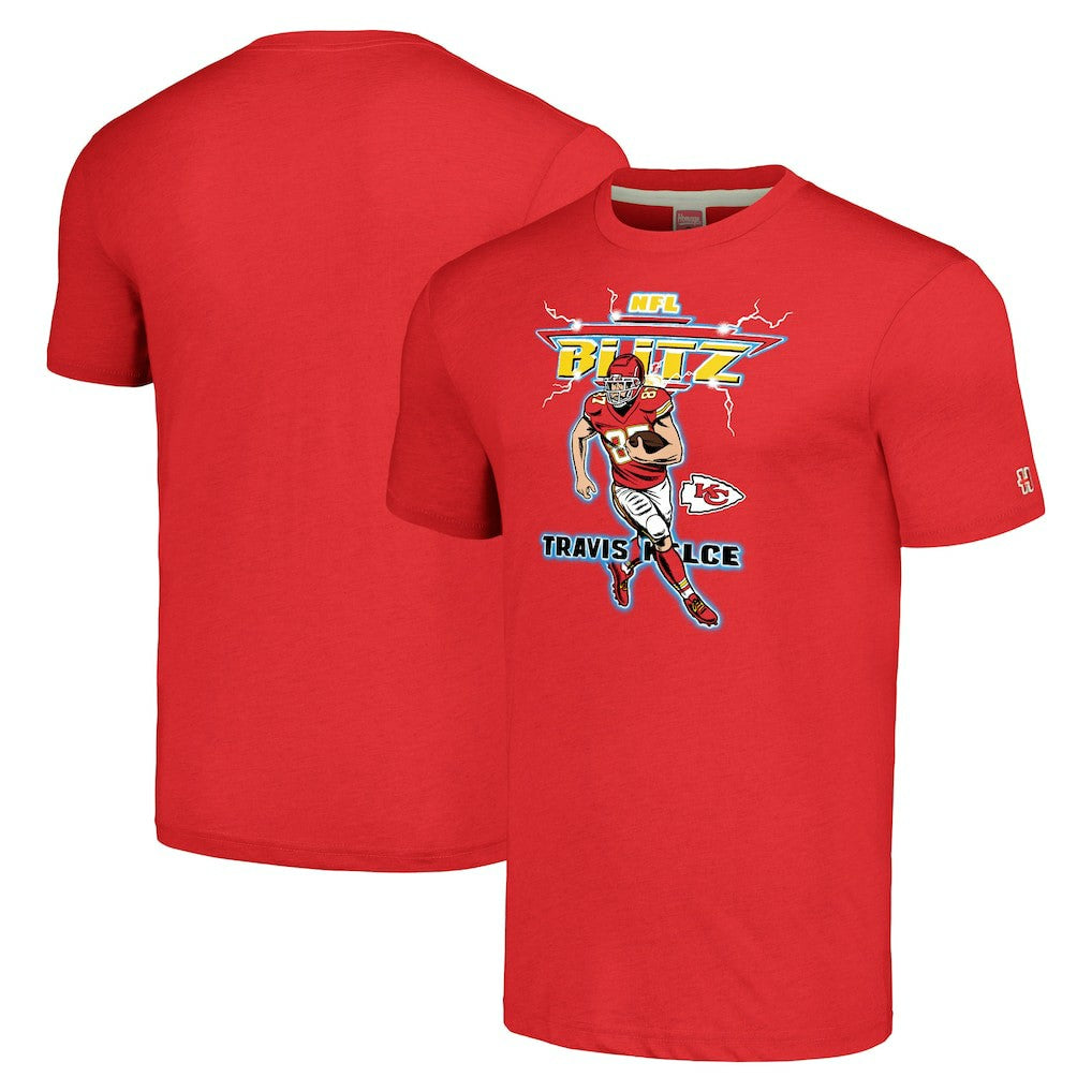 Travis Kelce Kansas City Chiefs Homage Unisex NFL Blitz Player Tri-Blend T-Shirt - Heathered Red T-shirts