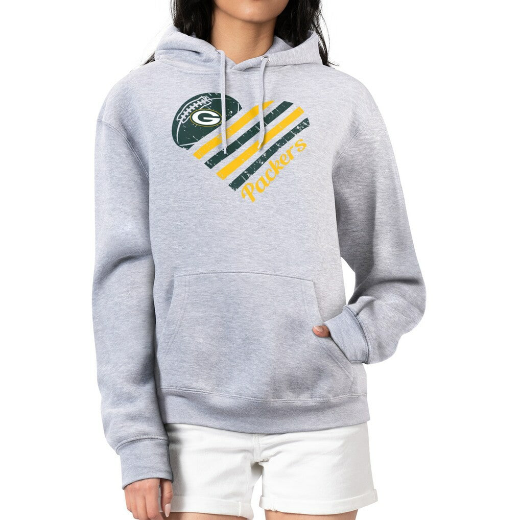 Green Bay Packers G-III 4Her by Carl Banks Women's Heart Graphic Fleece Pullover Hoodie - Heather Gray Hoodies