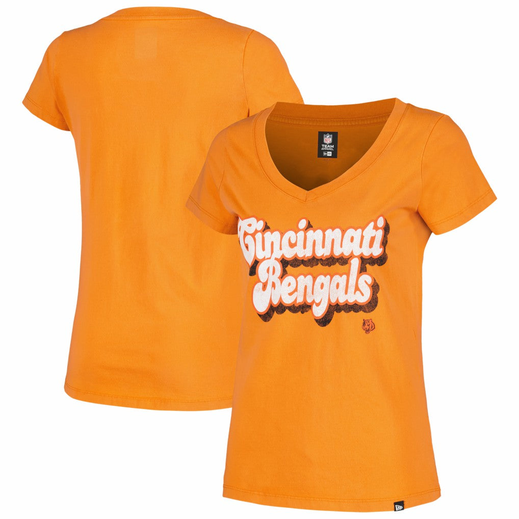 Cincinnati Bengals New Era Women's Enzyme Wash Low V-Neck T-Shirt - Orange T-shirts