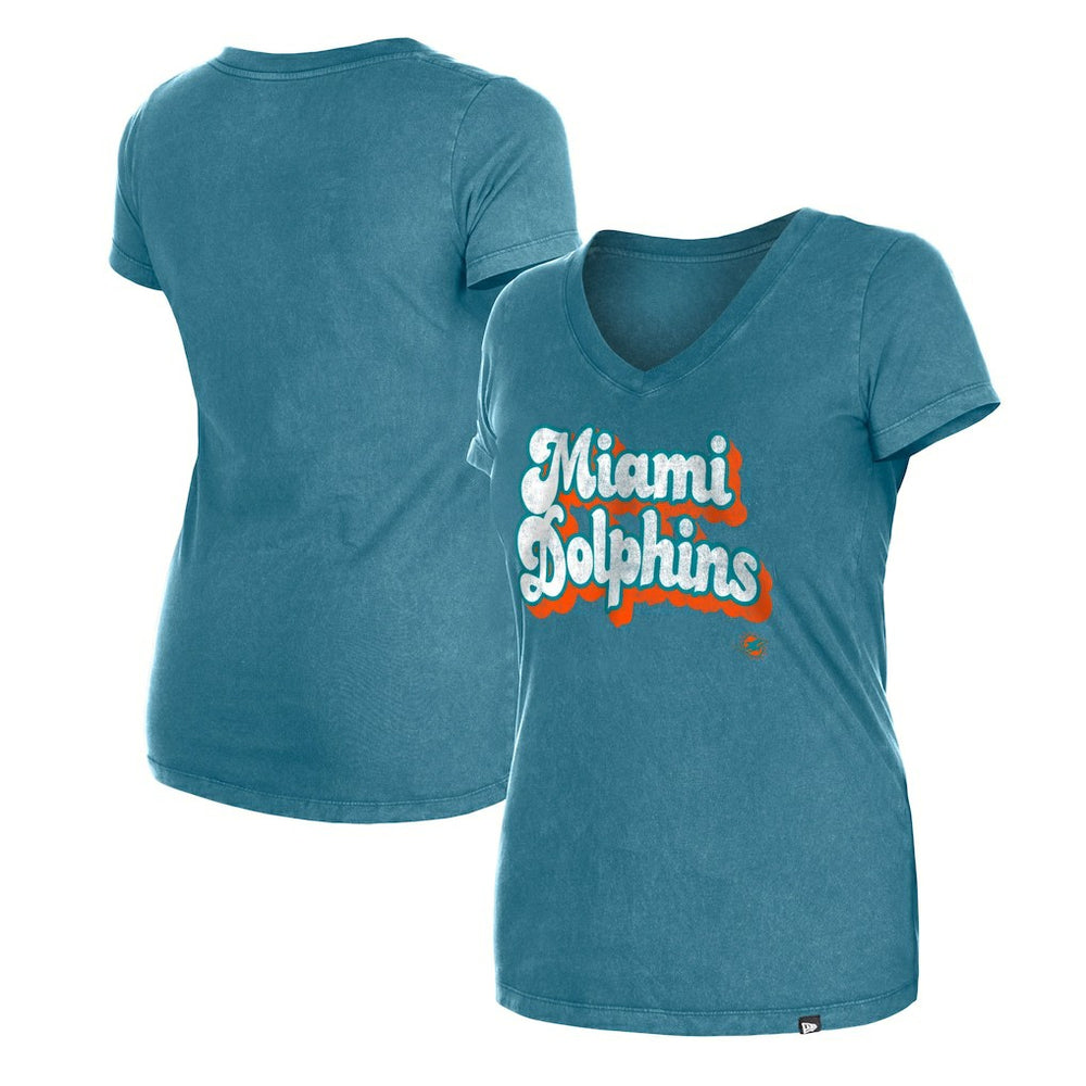Miami Dolphins New Era Women's Enzyme Wash Low V-Neck T-Shirt - Aqua T-shirts