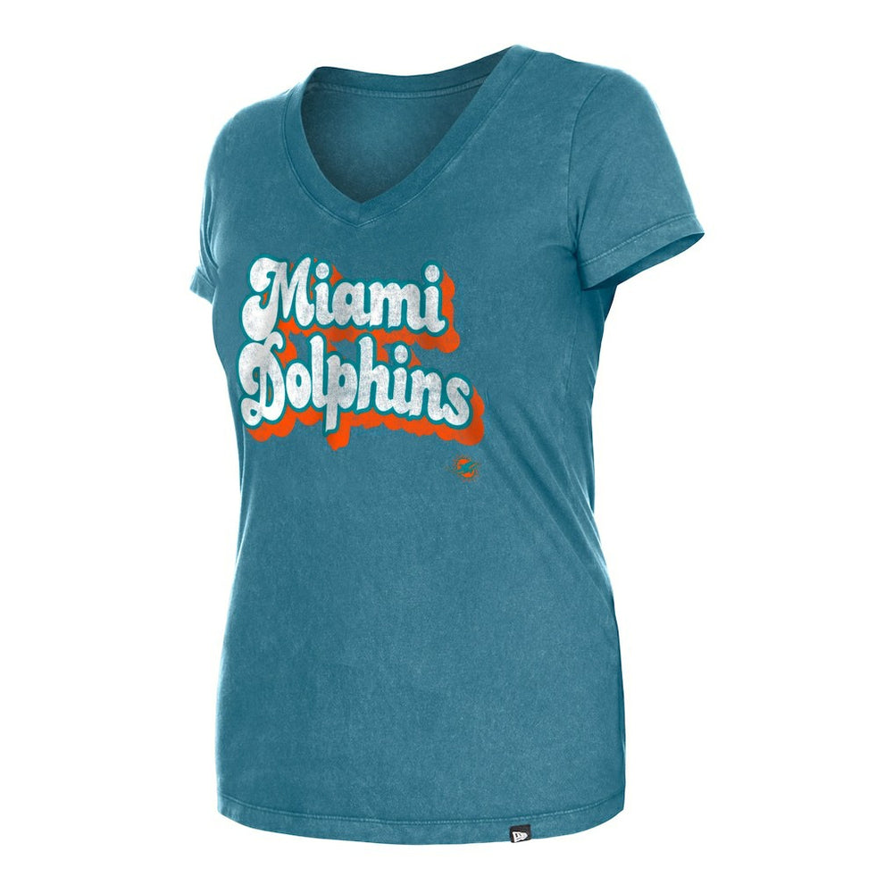 Miami Dolphins New Era Women's Enzyme Wash Low V-Neck T-Shirt - Aqua T-shirts