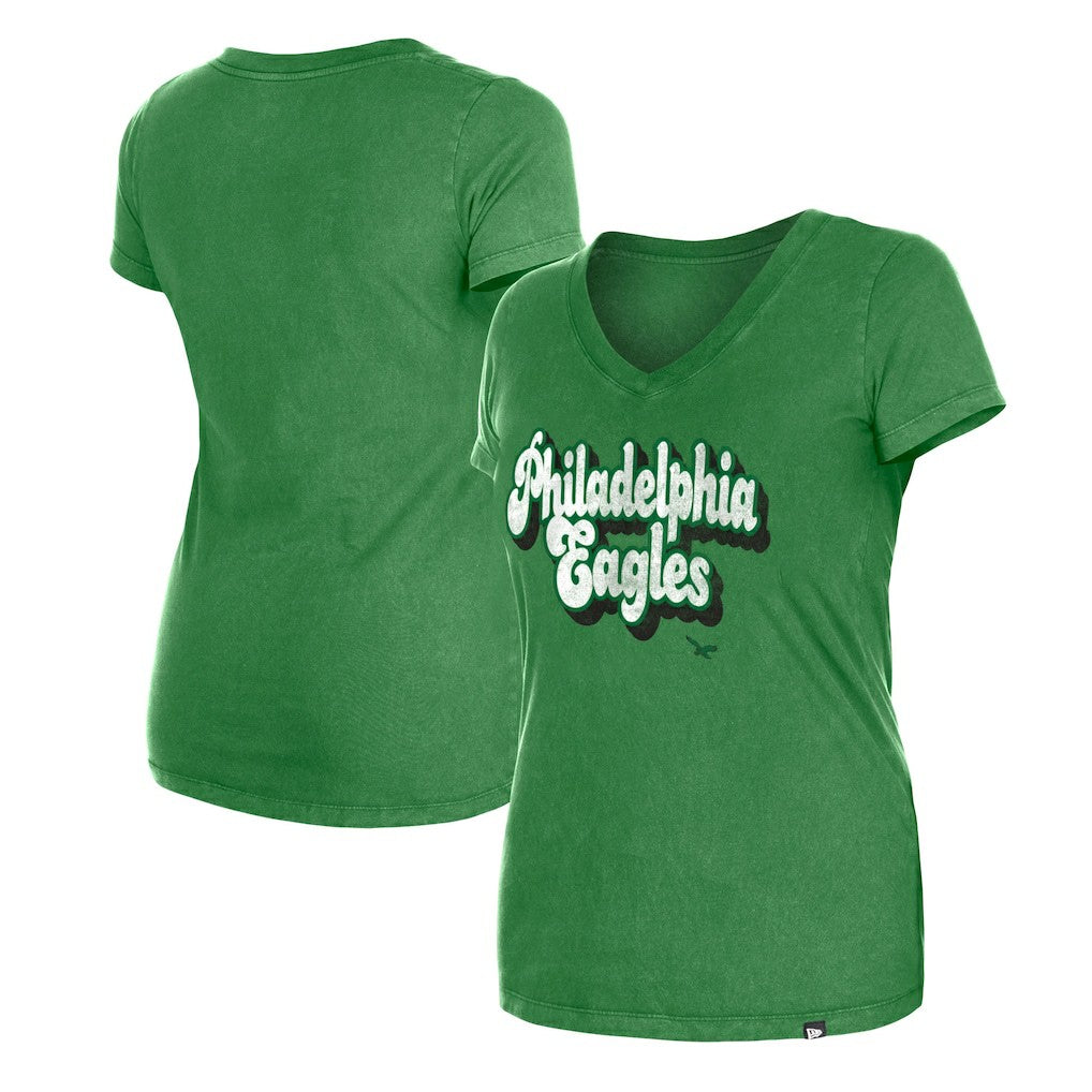 Philadelphia Eagles New Era Women's Enzyme Wash Low V-Neck T-Shirt - Green T-shirts