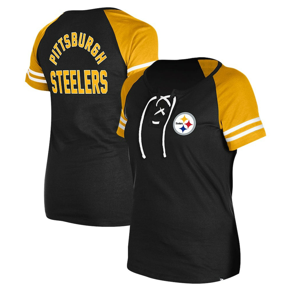 Pittsburgh Steelers New Era Women's Lace-Up Raglan T-Shirt - Black T-shirts