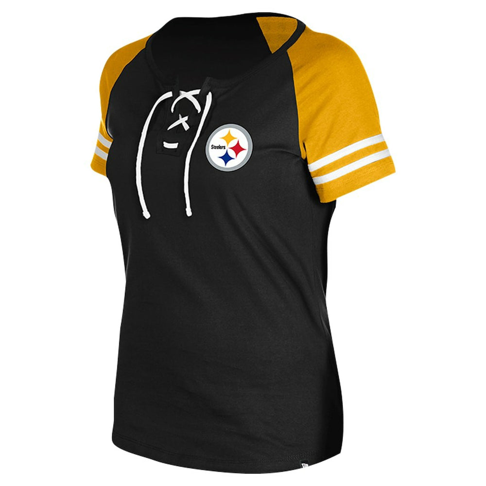 Pittsburgh Steelers New Era Women's Lace-Up Raglan T-Shirt - Black T-shirts