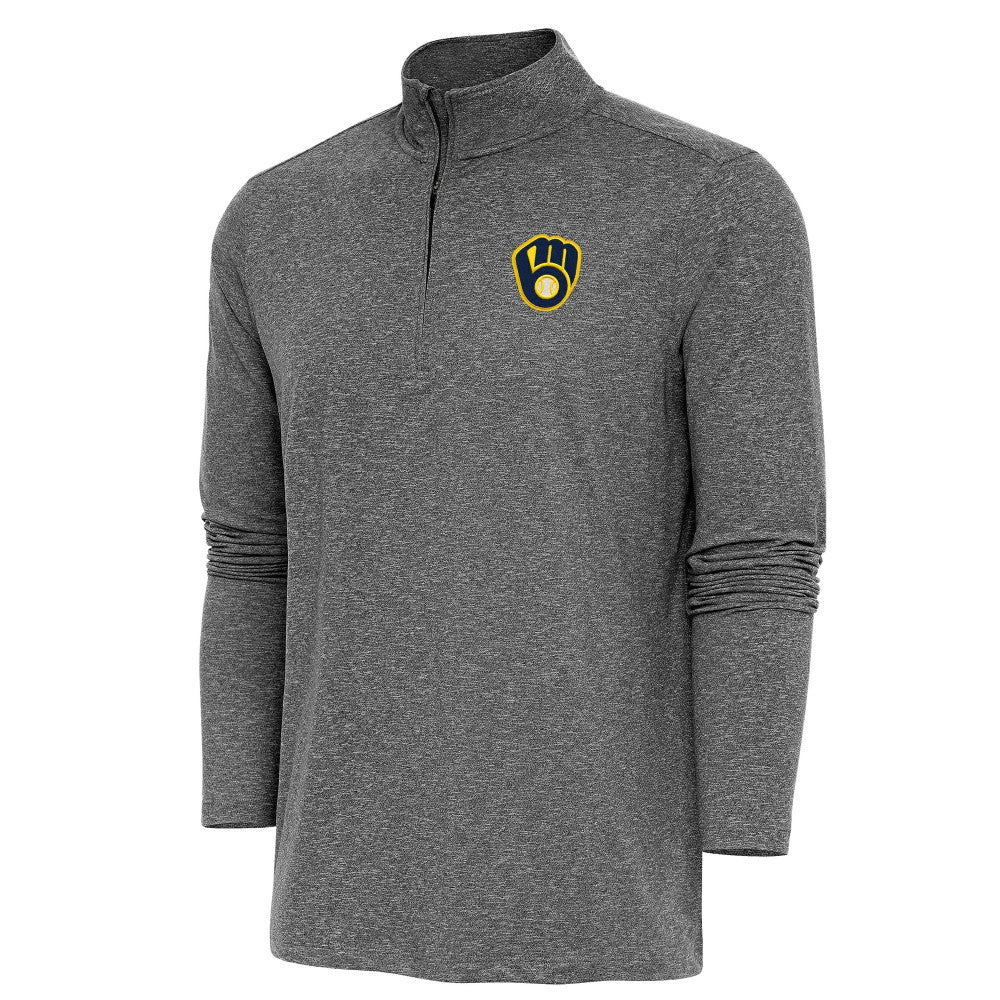 Milwaukee Brewers Antigua Hunk Quarter-Zip Pullover Top - Heather Black Pullover