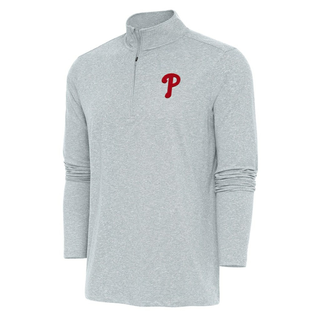 Philadelphia Phillies Antigua Hunk Quarter-Zip Pullover Top - Heather Gray Pullover