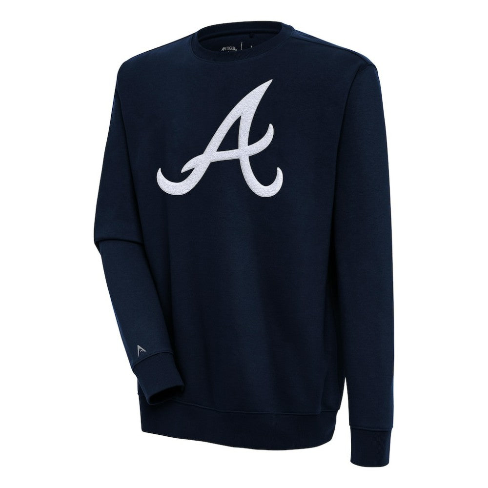 Atlanta Braves Antigua Victory Crewneck Chenille Pullover Sweatshirt - Navy Pullover