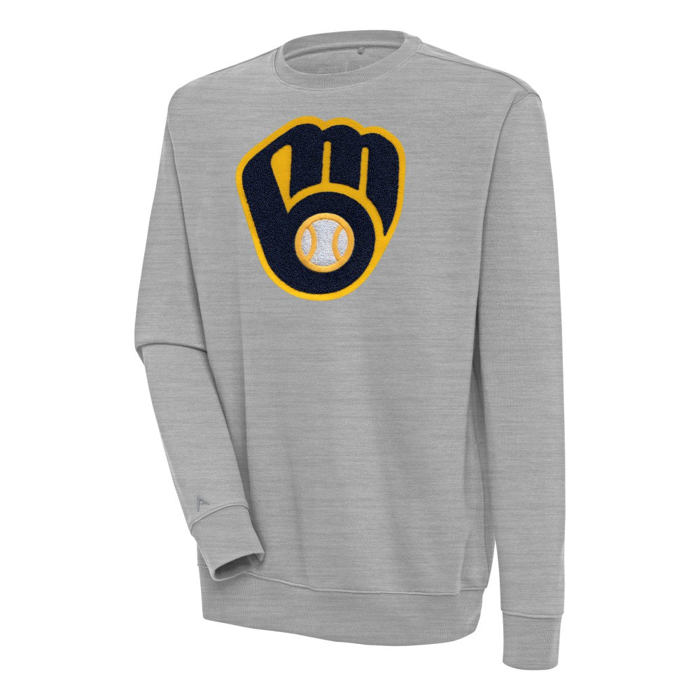 Milwaukee Brewers Antigua Victory Crewneck Chenille Pullover Sweatshirt - Heather Gray Pullover