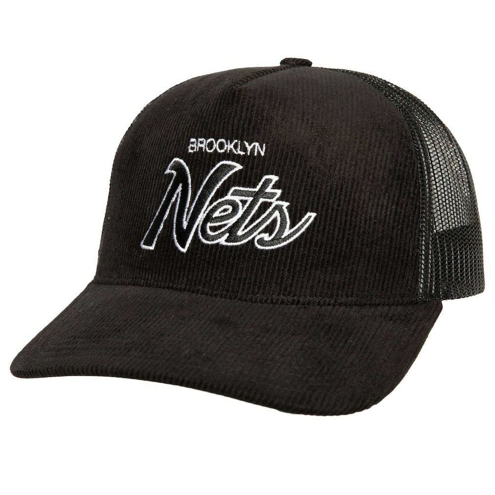 Brooklyn Nets Times Up Classic Script Cord Trucker Hat Black - Mitchell & Ness