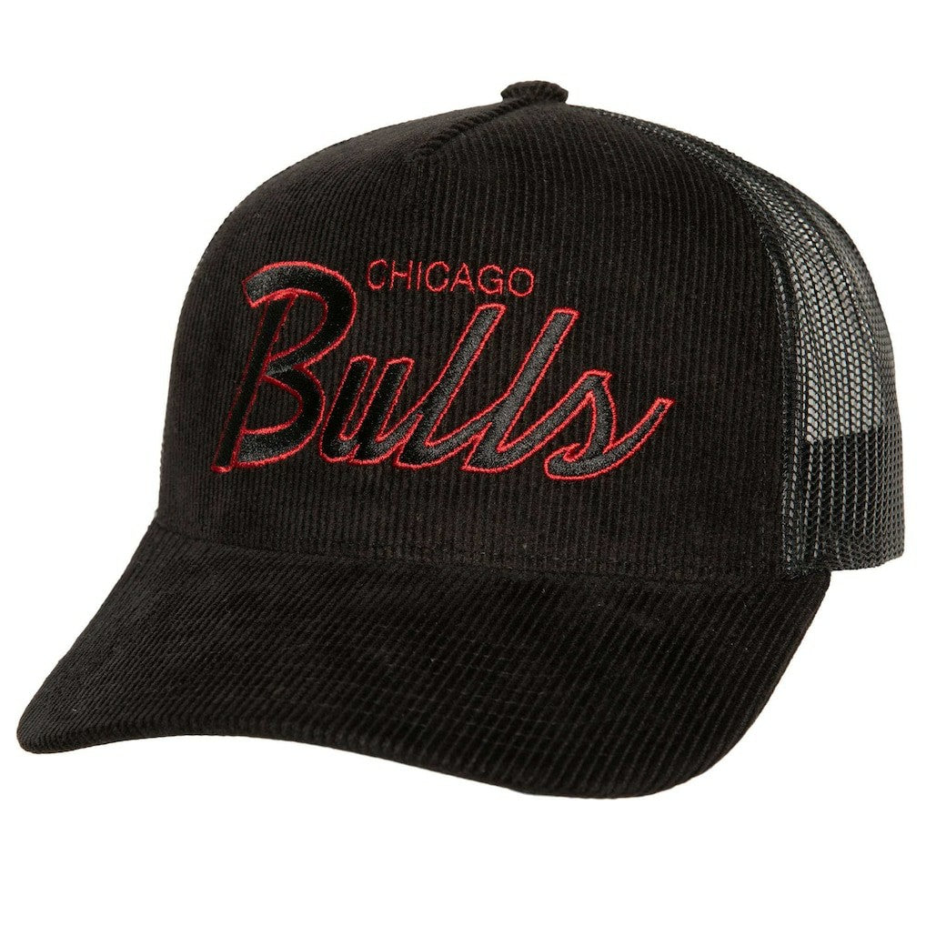 Chicago Bulls Times Up Classic Script Cord Trucker Hat Black - Mitchell & Ness