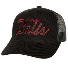 Chicago Bulls Times Up Classic Script Cord Trucker Hat Black - Mitchell & Ness