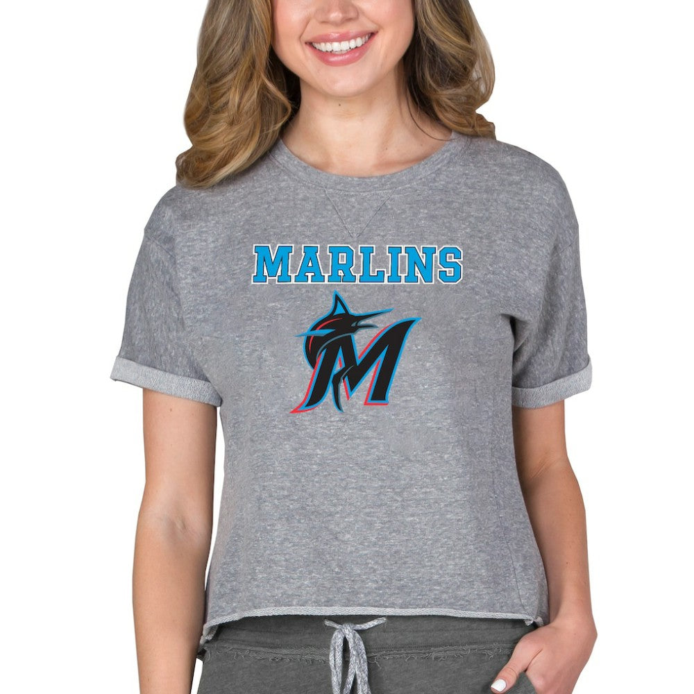 Miami Marlins Concepts Sport Women's Tri-Blend Mainstream Terry Short Sleeve Sweatshirt Top - Gray Sweatshirts