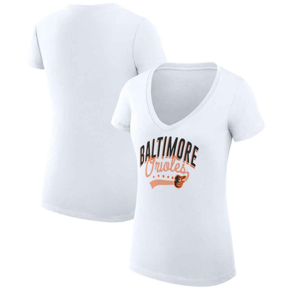 Baltimore Orioles G-III 4Her by Carl Banks Women's Super-Slim Fit Lightweight Filigree Team V-Neck T-Shirt - White T-shirts