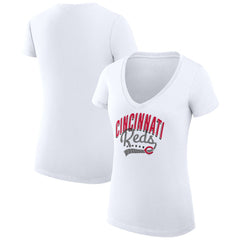 Cincinnati Reds G-III 4Her by Carl Banks Women's Super-Slim Fit Lightweight Filigree Team V-Neck T-Shirt - White T-shirts