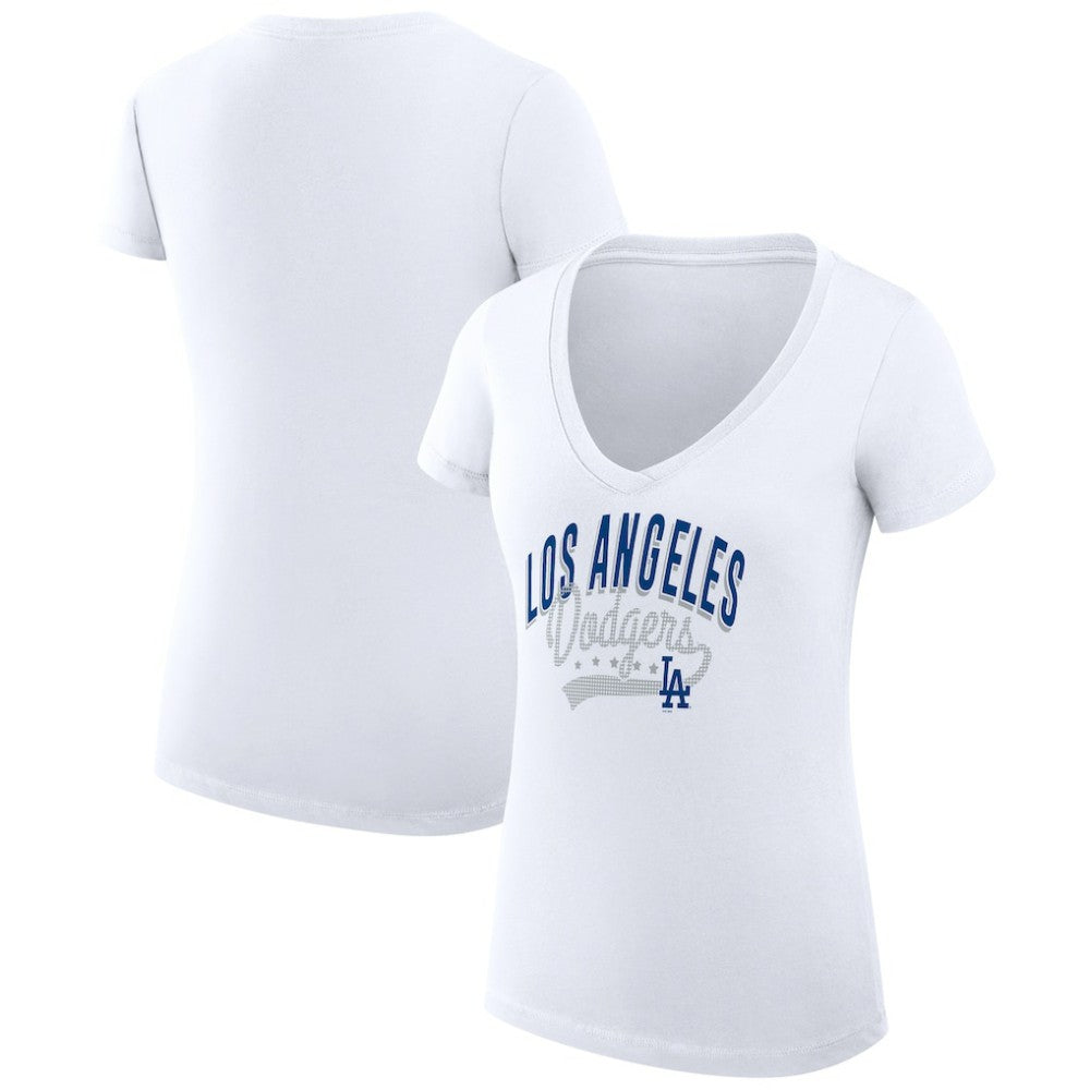 Los Angeles Dodgers G-III 4Her by Carl Banks Women's Super-Slim Fit Lightweight Filigree Team V-Neck T-Shirt - White T-shirts