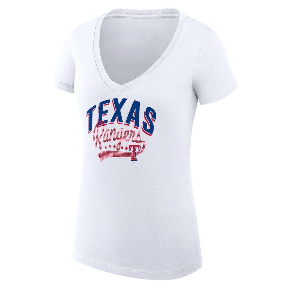 Texas Rangers G-III 4Her by Carl Banks Women's Super-Slim Fit Lightweight Filigree Team V-Neck T-Shirt - White T-shirts