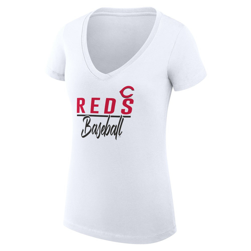 Cincinnati Reds G-III 4Her by Carl Banks Women's Super-Slim Fit Lightweight Team Graphic V-Neck T-Shirt - White T-shirts